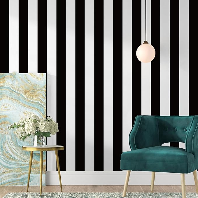 Jeweluck Black and White Wallpaper Peel and Stick Wall Paper 17.7”x393.7” Black