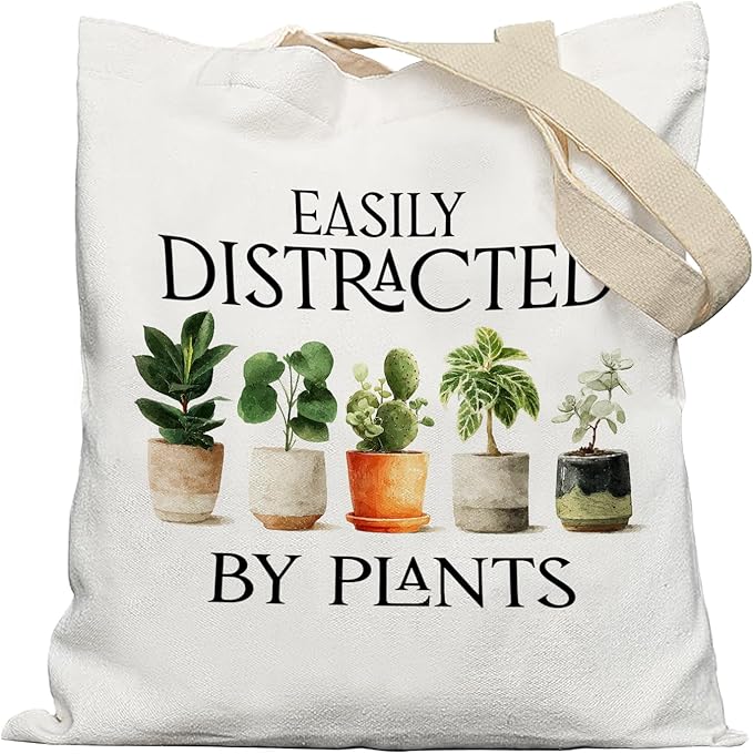 Funny Plant Tote Bag, Plant Lover Mom Lady Gifts Canvas Tote Bags, Gardening Gardener Gifts for Women, Easily Distracted by Plants Reusable Grocery Shopping Bags