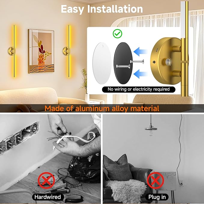 Battery Operated Wall Sconce of 2, 360°DIY Rotatable, Wireless Magnetic Wall