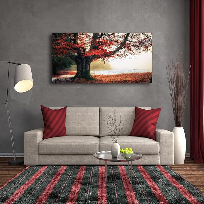 Stunning Nature Landscape Wall Art - 20x40 inches Canvas Artwork of Sunrise Forest Scenery with Red Leaves. Perfect Wall Decoration for Living Room, Bedroom and More