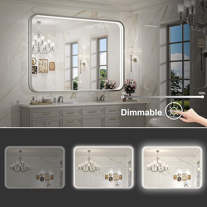 LED Bathroom Mirror with Lights, 43x36 Inch Brushed Silver Framed Lighted