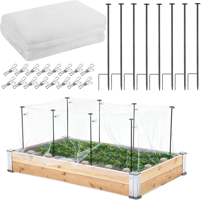 Metal Garden Netting Kit, 8 Pack 2.6ft Raised Garden Bed Net Support Stakes with 10Â´Ã13Â´ Fine Mesh Insect Netting 16pcs Clips Bird Barrier Screen Cover for Protect Plant Vegetable Row from Animals Bug