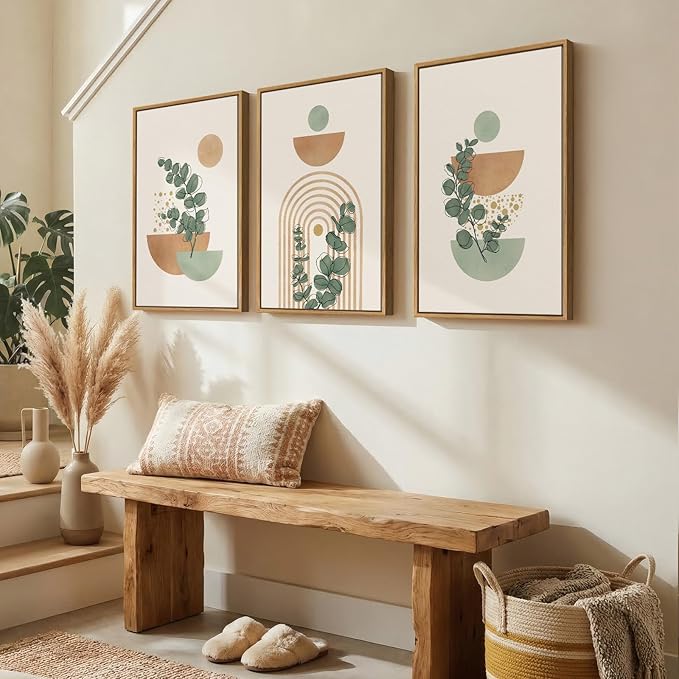 Framed Abstract Boho Wall Art for Living Room, Large Botanical Sage Green Plant