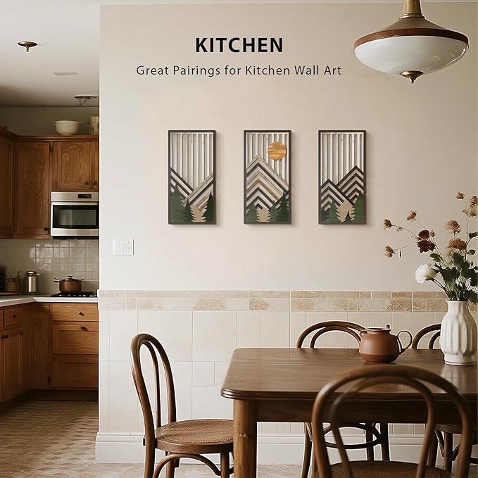 VIYYIEA Boho Solid Wood Carved Wall Art Set of 3, Geometric Minimalist Wooden