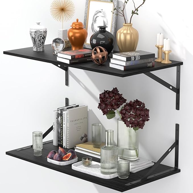 Deep Floating Shelves for Wall Set of 3, 24W x 12 Inch Deep Black Floating