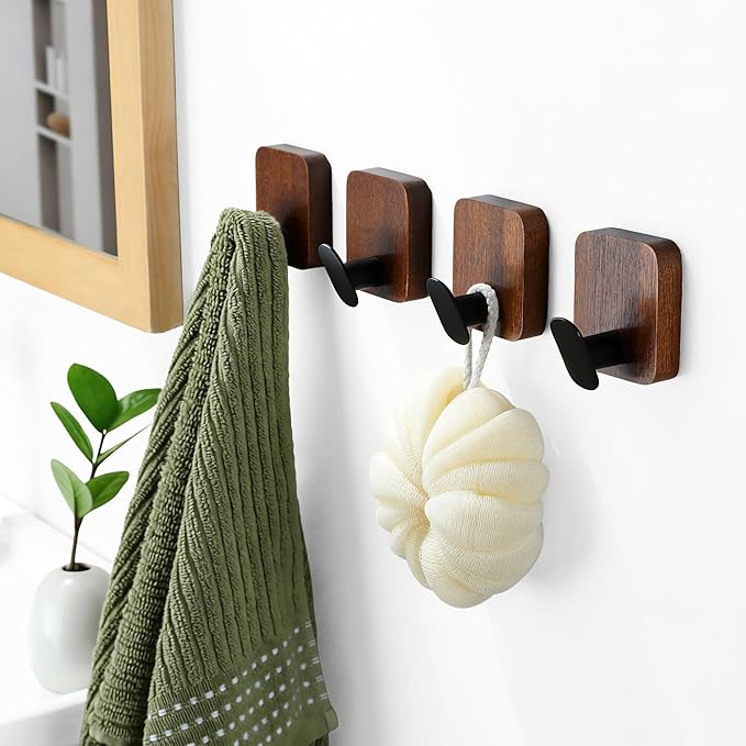 DELITON Wooden Wall Hooks, 4 Pack Acacia Adhesive Towel Hooks Sticky on