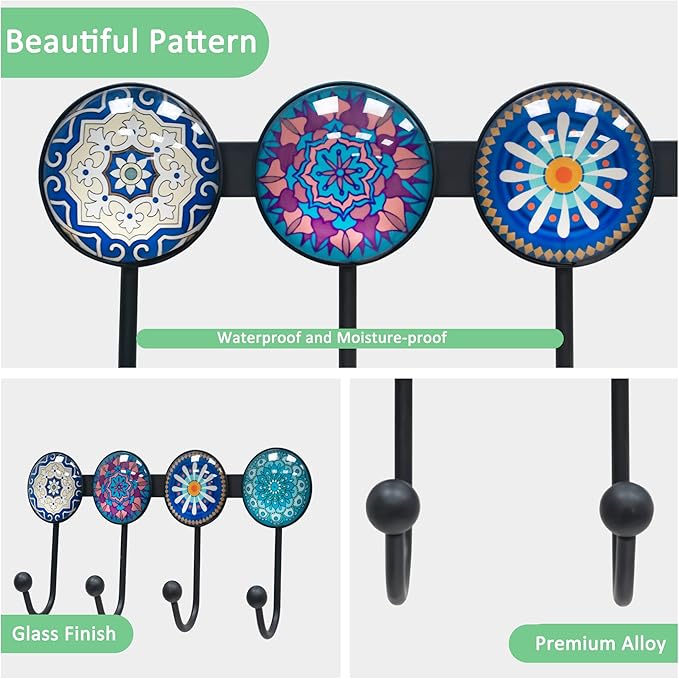 Coat Rack Wall Mounted with 4 Hooks, Round Blue Pattern Decorative Wall Hooks