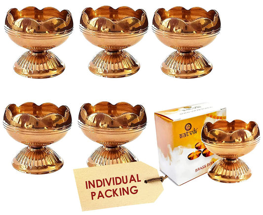 Craftsman Brass Diya Set - 6 Pc Handmade Oil Lamp for Diwali Decoration, Golden, Nanda Diya Model, Traditional Indian Home Gift