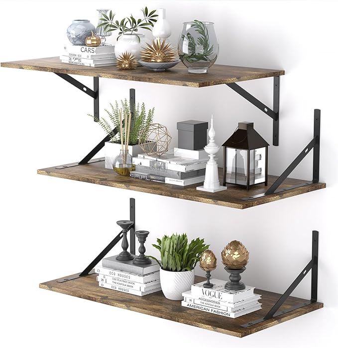 Deep Floating Shelves for Wall Set of 3, 24W x 12 Inch Deep Floating Shelves