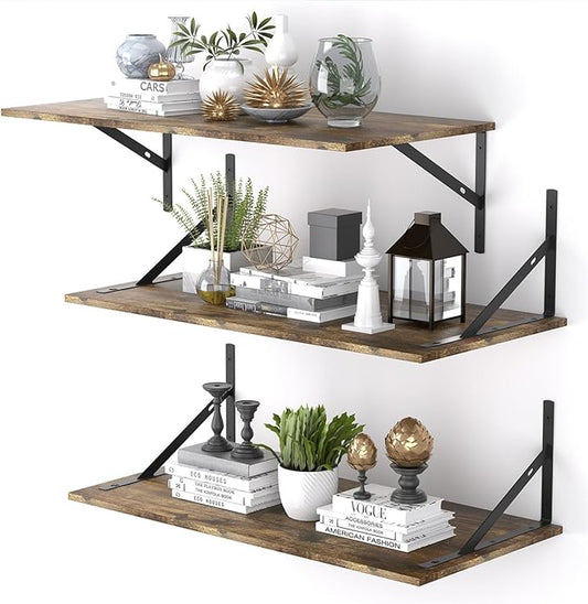 Deep Floating Shelves for Wall Set of 3, 24W x 12 Inch Deep Floating Shelves