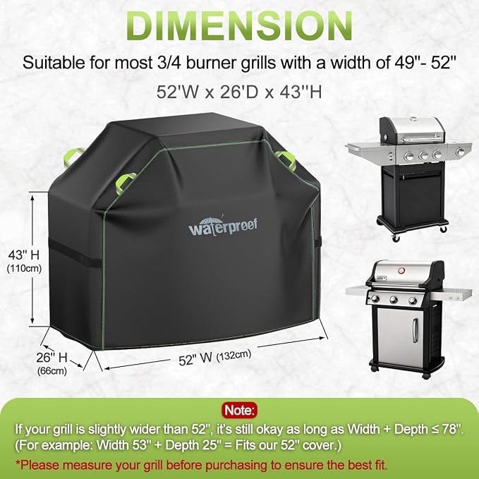 Grill Cover, 52 inch BBQ Grill Cover for Outdoor Grill, 420D Waterproof Fabric, UV & Fade Resistant, All-Weather Barbecue Gas Grill Cover with Handles, Straps & Adjustable Drawstring