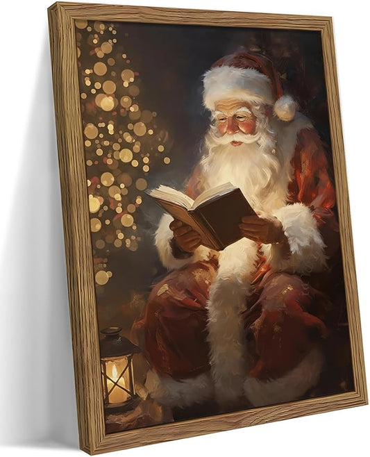 Framed Santa Christmas Wall Art, Vintage Santa Claus Reading Canvas Paintings