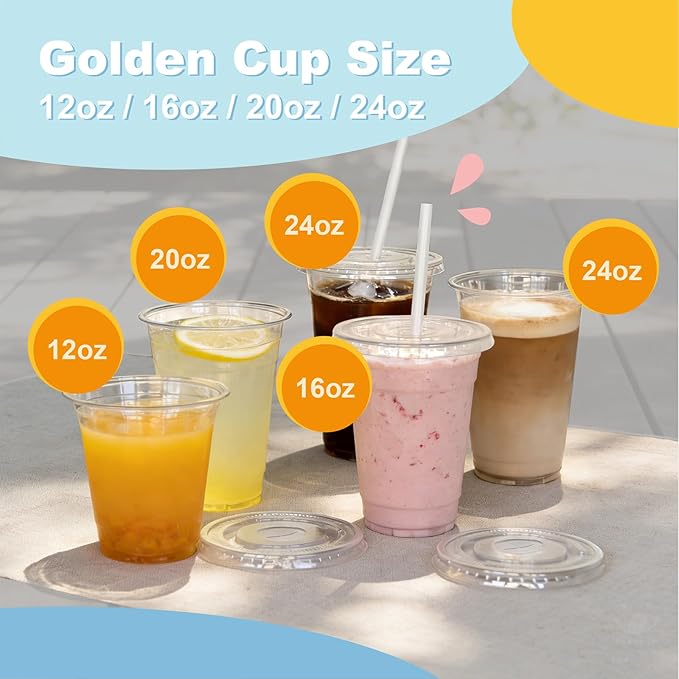 Coolcap 12 oz 100 Pack Disposable Clear Plastic Cups with Lids and Straws, Food Safe Bulk Iced Coffee Cups for Smoothies, Milkshakes and Other Cold Drinks
