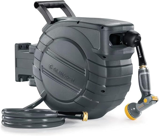 GLAHODEN Retractable Garden Hose Reel 5/8 in x 90 ft, 2025 Upgraded Dual Ratchet Lock UV & Freeze Protection Brass Seal Slow Retraction Anti-Tangle Hose 180Â°Swivel Reinforced Scaffold Wall Mount