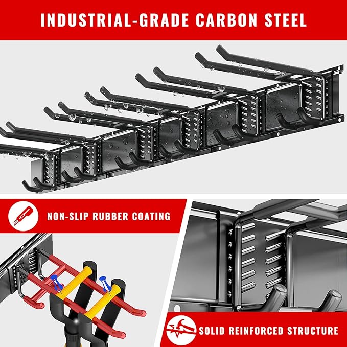 Garage Tool Organizer Wall Mount, Easy to 64inch Install Heavy-Duty Garage Storage System with Adjustable 12 Hooks, Garden Tool Rack for Shovels, Rakes, Yard Tools