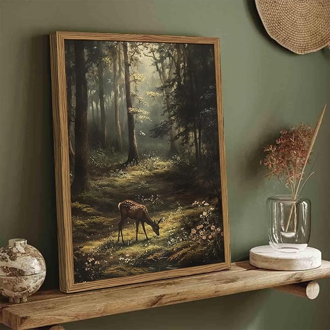 Framed Vintage Forest Deer Canvas Wall Art, Rustic Nature Landscape Paintings
