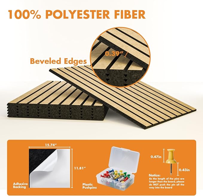 Cork Board Tiles for Wall with Push Pins, Removable 48" x 24" Slat Bulletin