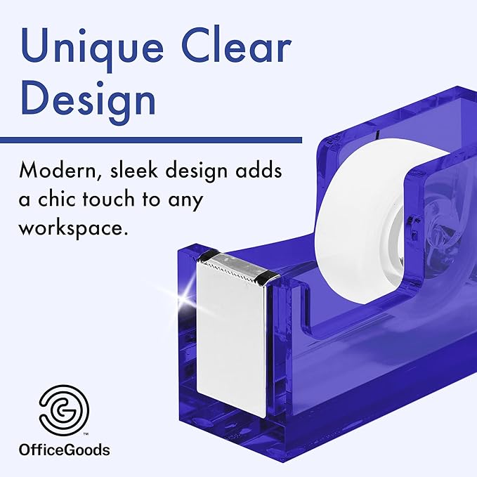 OfficeGoods Acrylic Tape Dispenser – Modern Desk Organizer for Office Supplies – Heavy Duty Refillable Tape Holder for Home and School Crafting – Stylish Desktop Accessory for Gift Wrapping, Blue
