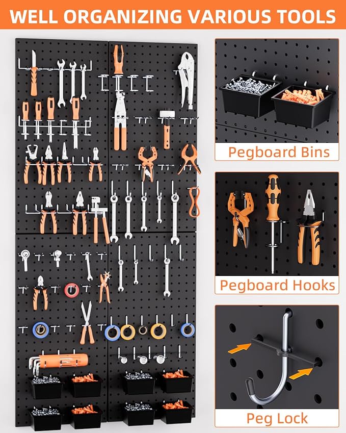 INCLY 158PCS Metal Pegboard Wall Organizer, 48x24 Inch Black Pegboard Panels
