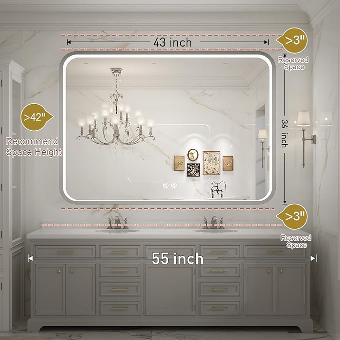 LED Bathroom Mirror with Lights, 43x36 Inch Brushed Silver Framed Lighted