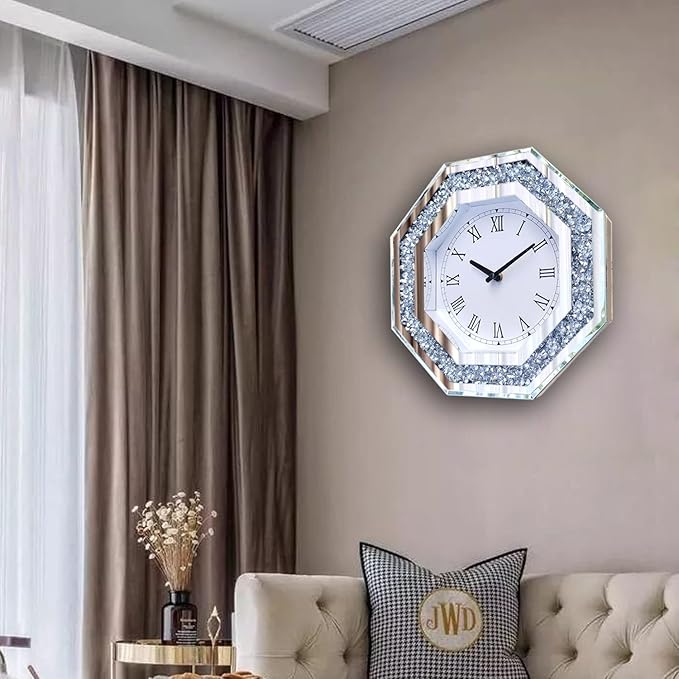 Wall Clock, Octagon Mirror Glass Clock, Cute Diamond 12-inch Non-Ticking Clock