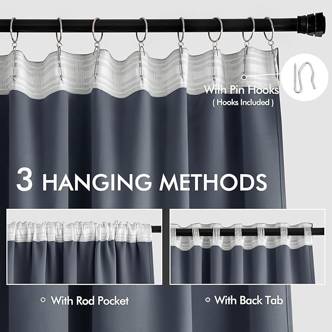 MIULEE Stone Blue Back Tab Blackout Curtains 120 Inch Long 2 Panels Set