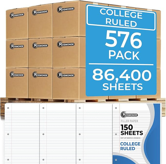 Rosmonde 576 Pack (Pallet) Loose Leaf Paper Bulk, 86400 Sheets, College Ruled, Pallet of Filler Paper, 150 Sheets/Pack, 8 x 10.5",3 Hole Punched, 56 Gsm Thick Paper, School & Office, 4-7 Days Transit