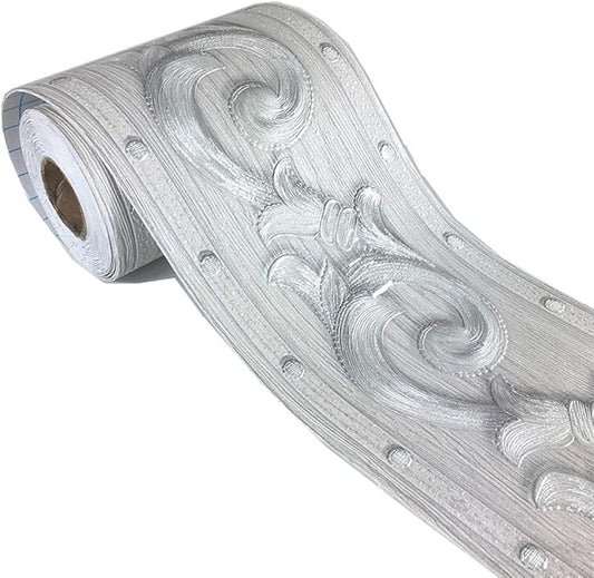 REDODECO Elegant Silver Grey Floral Molding Wallpaper Border Peel Stick Home