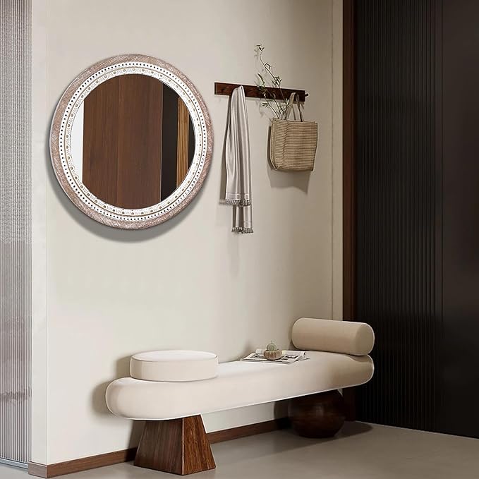 Reflinto 24 Inch Boho Wooden Round Mirror