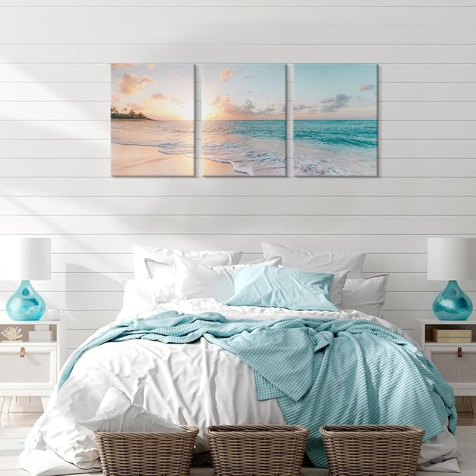 Goldfoilart 3 Pieces Beach Wall Art Sunset Bathroom Canvas Pictures Ocean Wall
