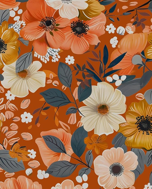 BOKEBEVE Orange Wallpaper Peel and Stick Retro Floral Contact Paper Self