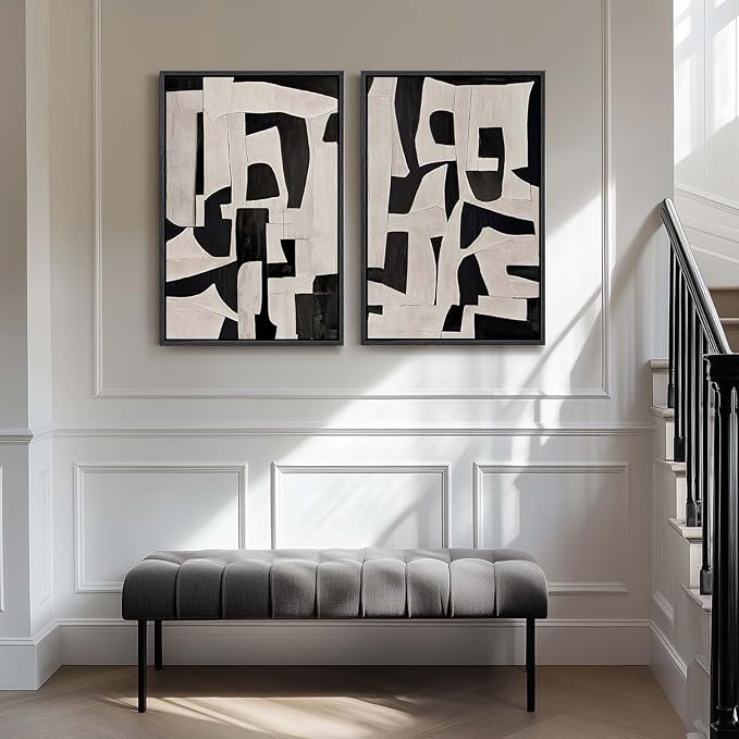 Large Framed Black and Beige Abstract Wall Art, Modern Art Prints Pictures