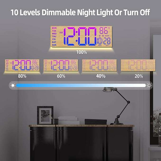 HAITANG 16.2" Large Digital Clock， 8 Colors Decorative Wood Wall Clock