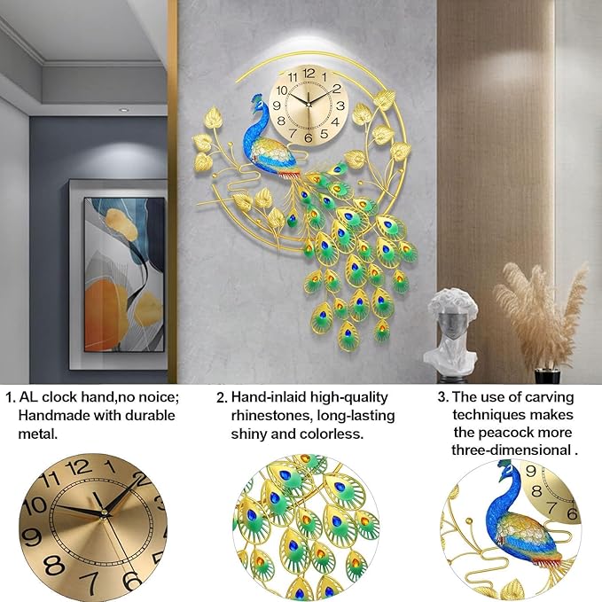 36.6 Inch Large Peacock Wall Clock Non-Ticking Silent, Creative Decorative