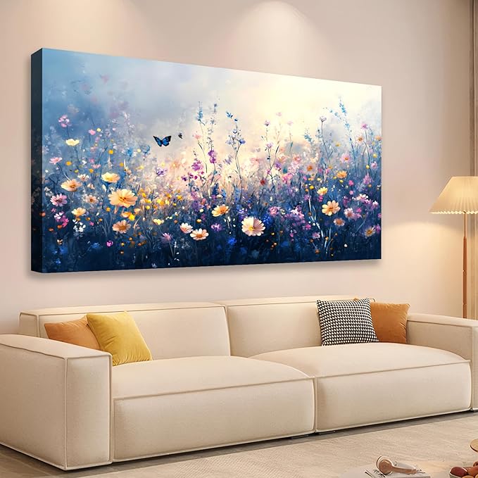 JLXART Canvas Wall Art Colorful Wildflower With Butterflies Wall Decor Purple and Yellow Poppy Floral Artwork Flowers Prints Paintings for Living Room Home Decorations,30x58inch