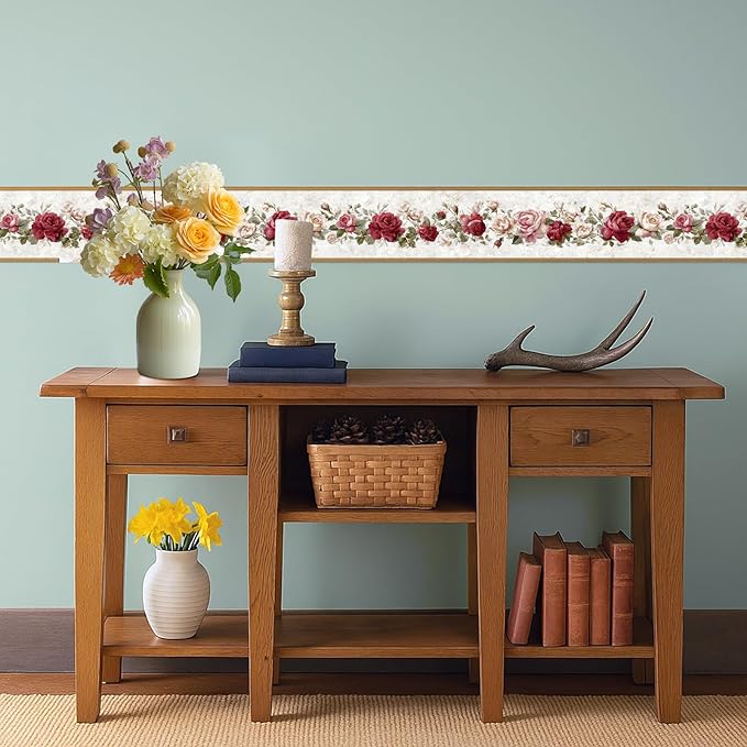 Vintage Rose Wallpaper Border 196x4 Inch Removable Wall Border Peel and Stick