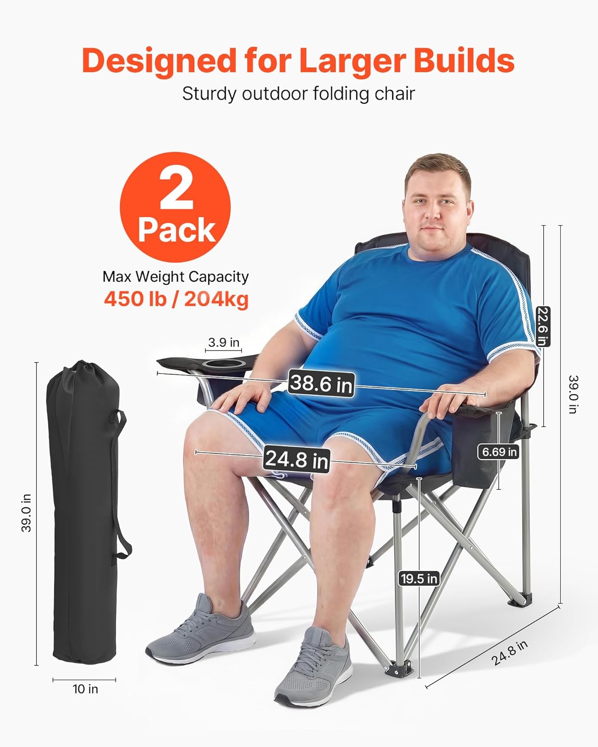 VEVOR Oversized Camping Chair - Portable Heavy-Duty Quad with Lumbar Support & Side Pockets | 2-Pack