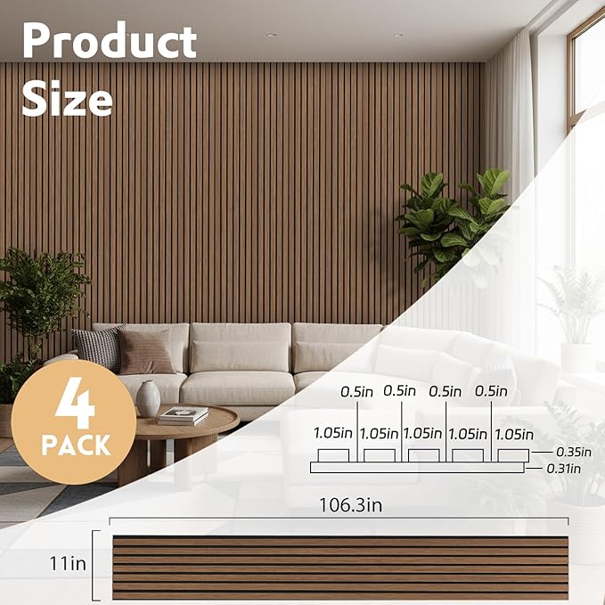 4 Pack Wood Panels for Wall, 106.3" × 11" Wood Slat Acoustic Panels for Wall