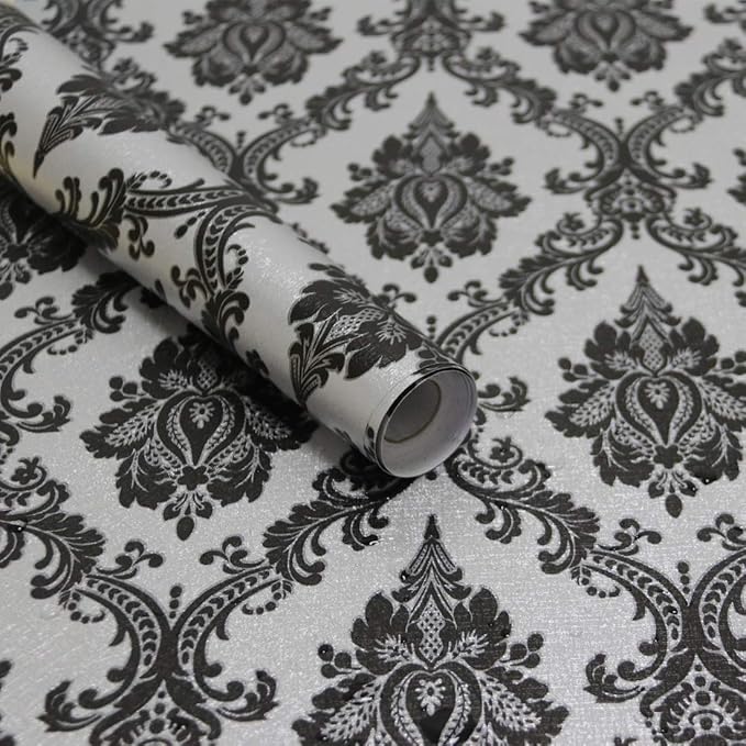 17.7" x 394" Black Peel and Stick Wallpaper Black Vintage Wall Paper