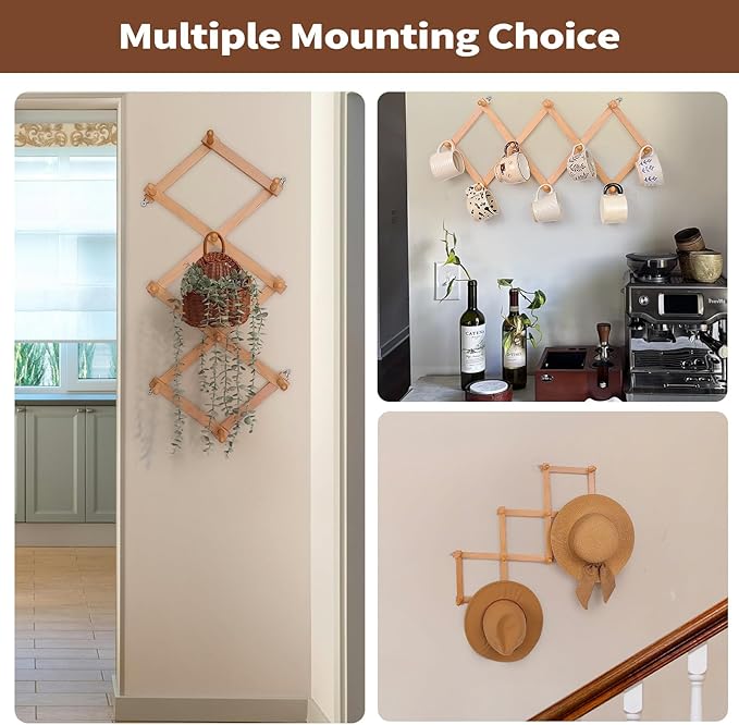 SCUNDA Wall Rack with 10 Hooks, Wooden Wall Expandable Coat Rack