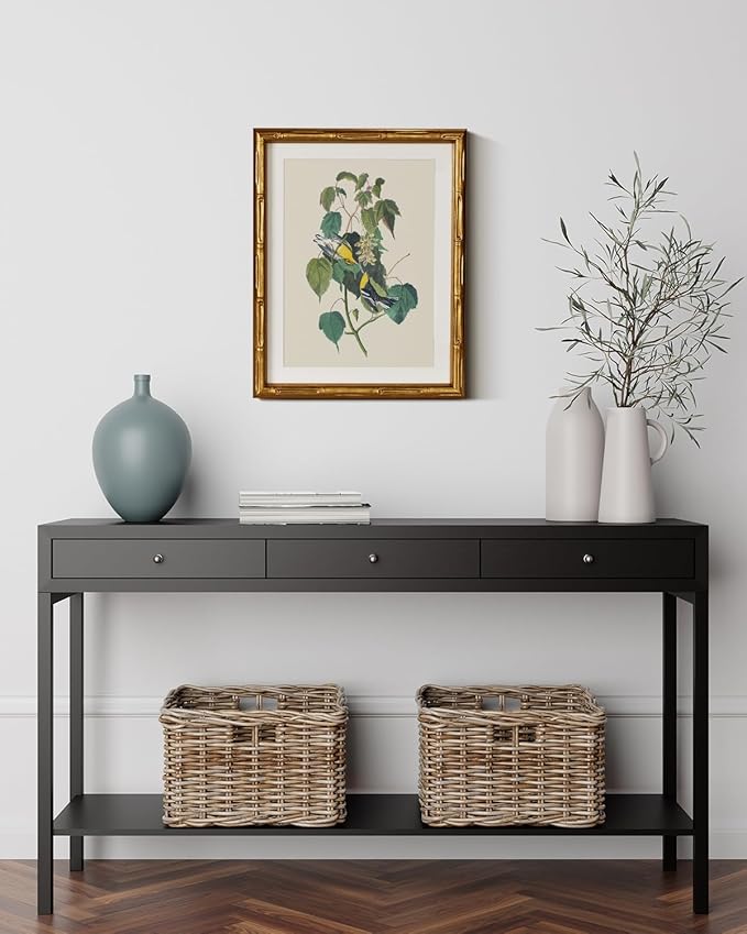 InSimSea Gold Bamboo Framed Canvas Wall Art, Vintage Bird Botanical Paintings