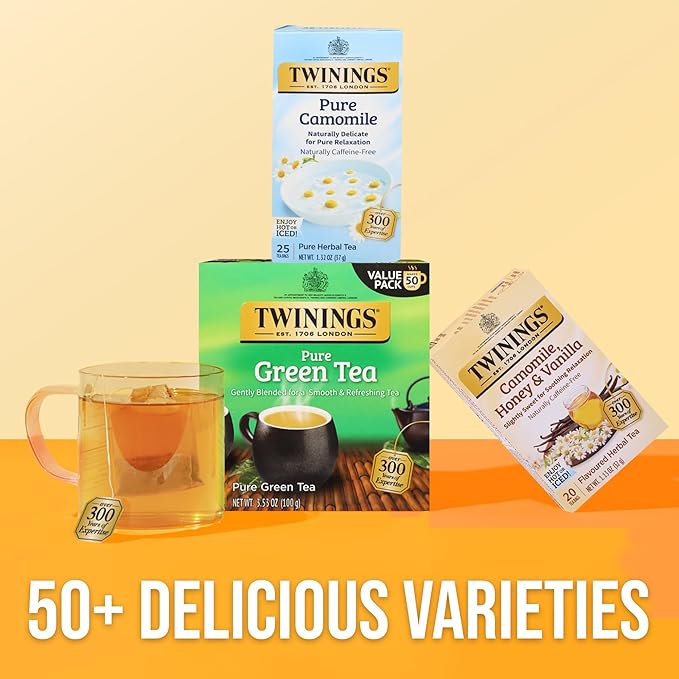 Twinings Pure Camomile Herbal Tea Individually Wrapped Bags, 25 Count (Pack of 6), Calming & Delicate, Naturally Caffeine-Free, Enjoy Hot or Iced, 150 Teabags