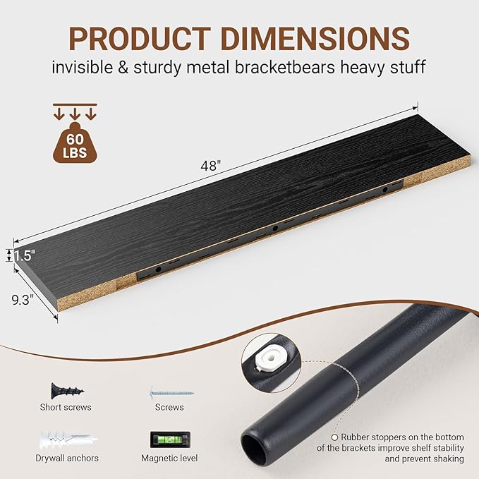 Heimlove Floating Shelves for Wall 48 Inches Long, 9.3" Deep Black Floating