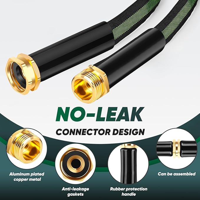 Garden Hose 50ft, Non-Expanding Water Hose, Flexible Ultra-Light, Anti-Kink, Wear-Resistant, Portable, Easy Storage, Hose with 3/4 for Outdoor, Garden, Yard and Lawn, Black Green