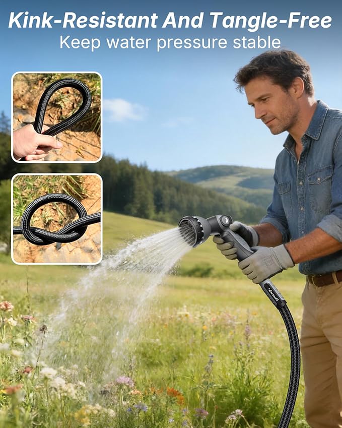 Garden Hose, Flexible Ultra Lightweight Durable, Kink-Free Water Hose with 10 Function Sprayer - Non-Shrinking, Easy to Store, All-Weather, High-Pressure, Black (100 FT)