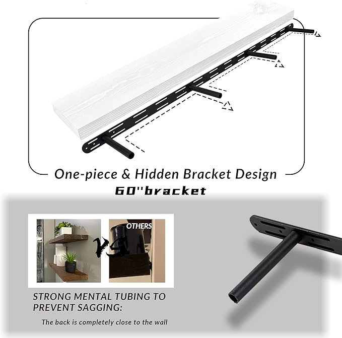60 inch White Floating Shelves for Wall 8 -inch deep Set of 2, Heavy Duty Solid