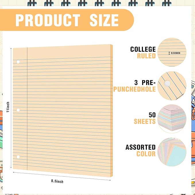 PerKoop 600 Sheets Colored Loose Leaf Paper 8.5" x 11" college ruled Lined 3 Hole Punched notebook Filler Paper for 3 Ring Binders Office School Supplies (Aesthetic Color)