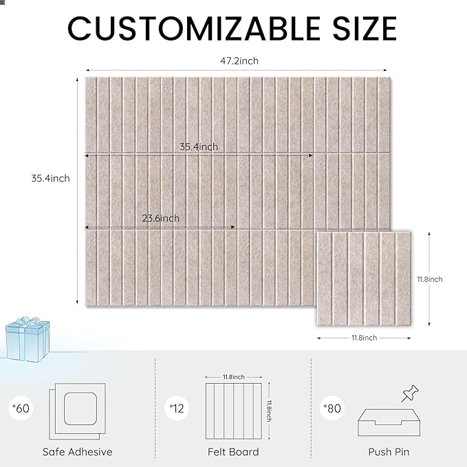 Large Cork Bulletin Board for Wall 48"x36", 12 Pack Felt Slat Wall Panel Tiles