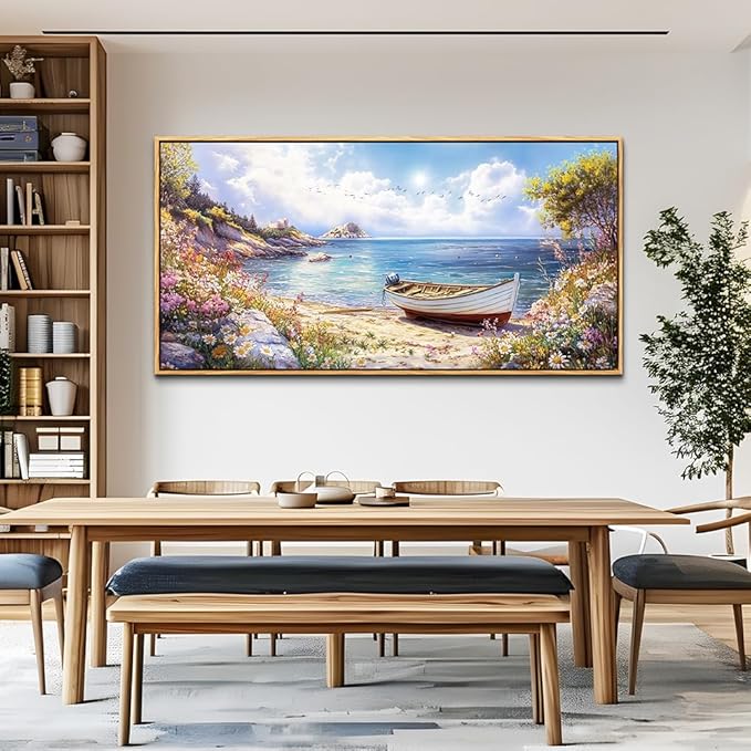 Wood Farmed Canvas Wall Art For Living Room Large Wall Decor For Office Bedroom Decorations The Sea Boat Landscape Pictures Farmhouse Painting Artwork Room Wall Mural Aesthetic Home Decor 30x60 In