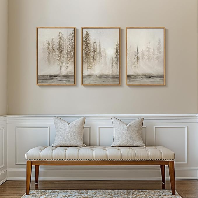 Framed Neutral Tree Set of 3 Wall Art Bedroom, Abstract Modern Rustic Landscape Beige Canvas Artwork for Walls, Nordic Misty Forest Farmhouse Wall Decor for Bedroom Hallway Office, 16x24 Inch